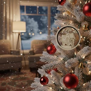 May include: A wooden Christmas ornament featuring a cartoon character design, hanging on a decorated Christmas tree. The tree is adorned with red and gold ornaments, and small lights. The background shows a cozy living room scene with a lamp and chairs.