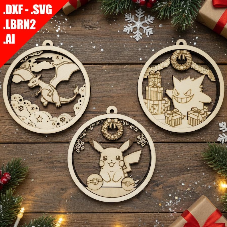 May include: Three wooden Christmas ornaments featuring Pok&eacute;mon characters. Each ornament is circular with a cutout design. One features a dragon, another a Gengar with gifts, and the last a Pikachu. The ornaments are surrounded by Christmas decorations.