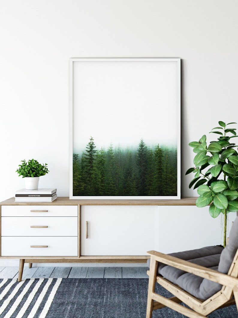 May include: A framed print of a misty forest scene with tall evergreen trees. The print is hanging on a white wall above a white dresser with three drawers and a sliding door. A wooden chair with a gray cushion sits in front of the dresser. A small potted plant sits on the dresser.