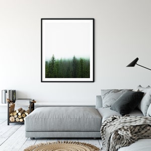 May include: A framed print of a misty forest with tall evergreen trees. The trees are silhouetted against a white background.
