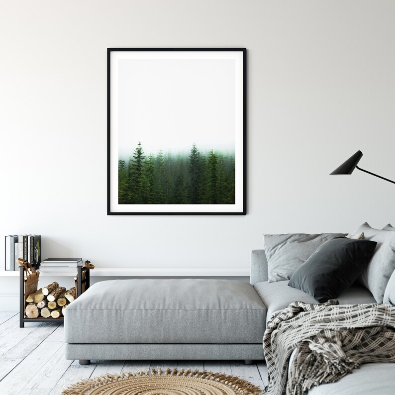 May include: A framed print of a misty forest with tall evergreen trees. The trees are silhouetted against a white background.