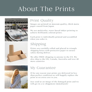 May include: Text about print quality, shipping, and a guarantee for prints. The text says "About The Prints", "Print Quality", "Shipping", and "My Guarantee". There are images of prints, shipping boxes, and a person.