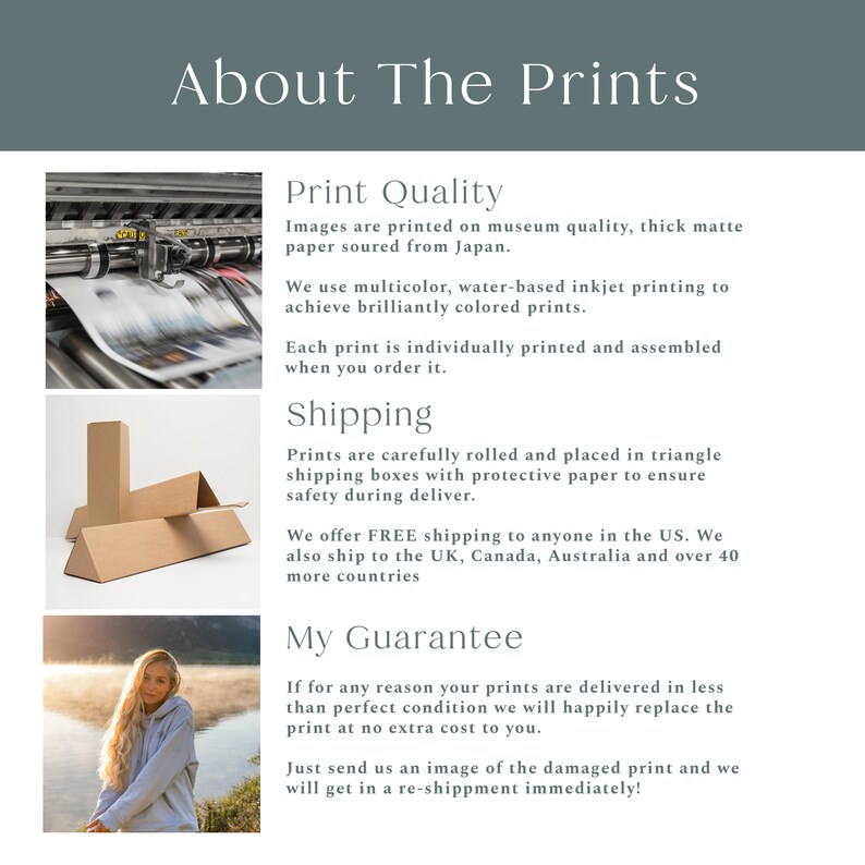 May include: Text about print quality, shipping, and a guarantee for prints. The text says "About The Prints", "Print Quality", "Shipping", and "My Guarantee". There are images of prints, shipping boxes, and a person.