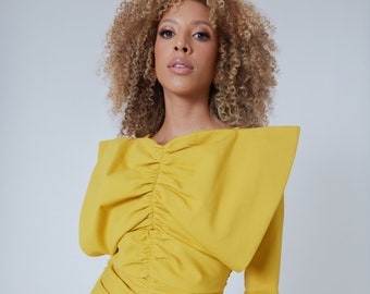Mustard Yellow Dress, Fitted Ruched Dress, Big Bow, Event Dress, Luxury Thick Fabric, Statement Dress, New year dress, Winter Dress