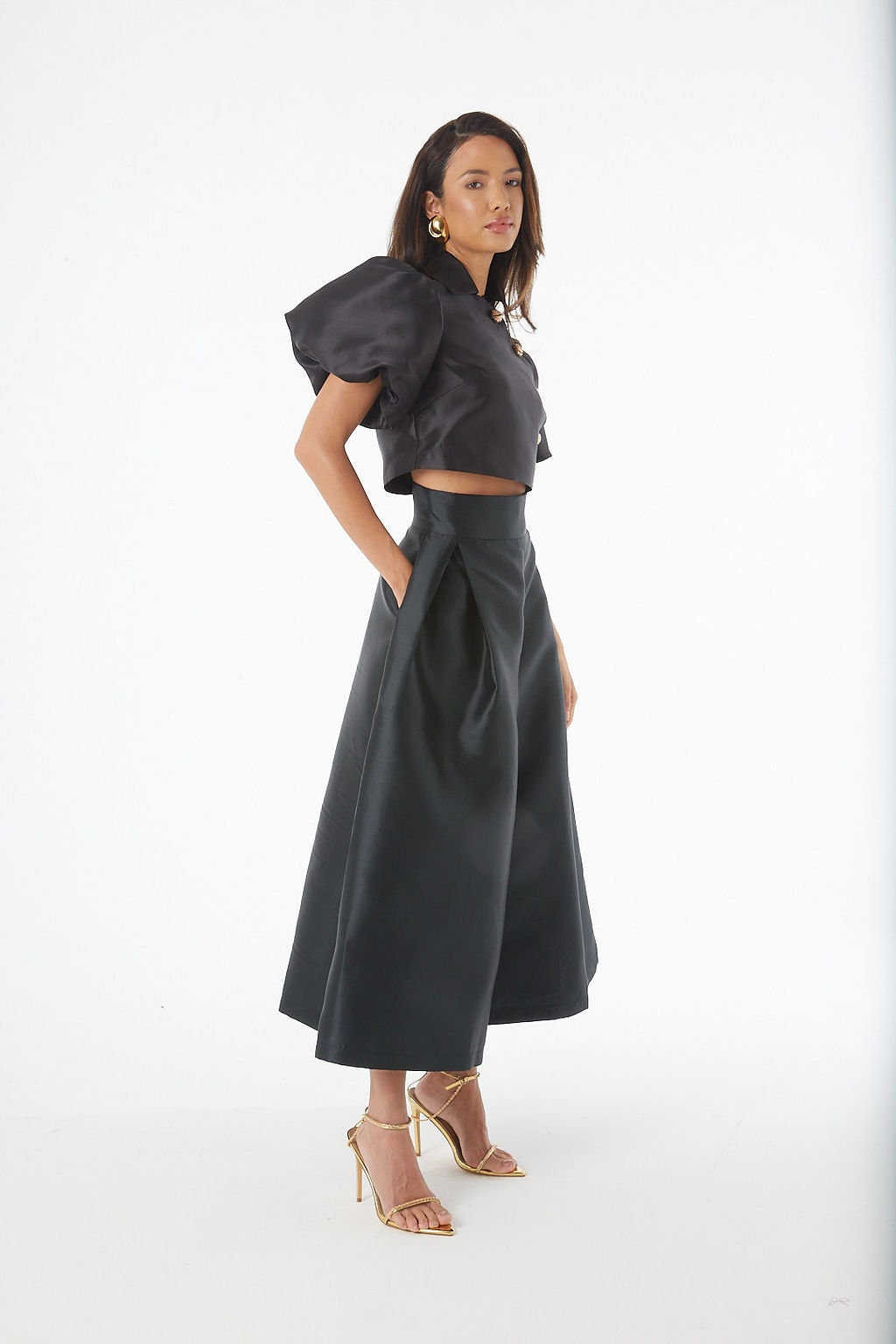 Black Silk Taffeta Culottes: High-waisted Pleated Party Pants - Etsy