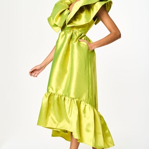 Green A line Ruffle Midi Pocket Summer Dress image 2