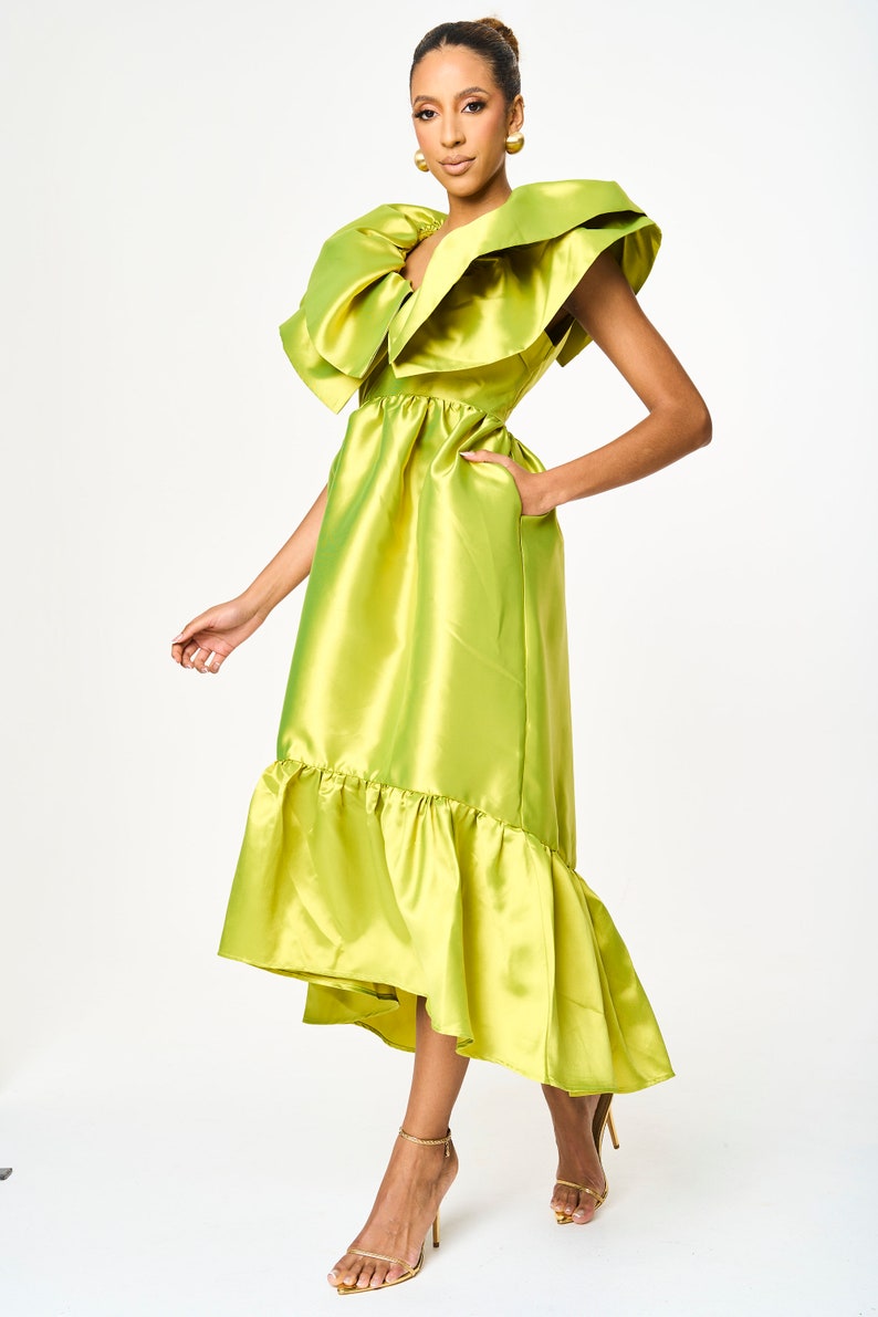 Green A line Ruffle Midi Pocket Summer Dress 画像 2