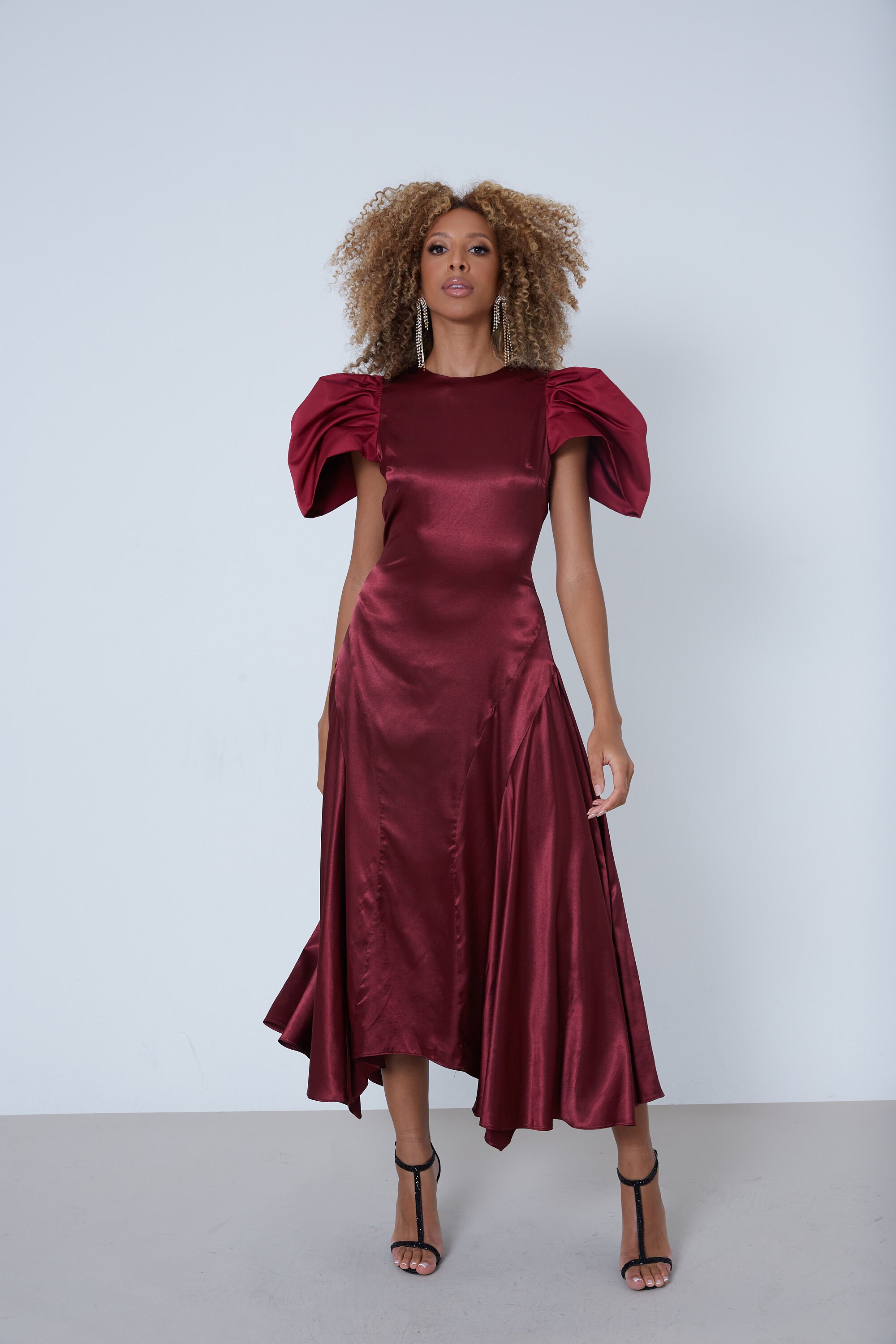burgundy satin dress Off The Shoulder Twist Evening Ball Gown The gown features a structured sheer corset bodice with delicate boning Azazie Jesaphine
