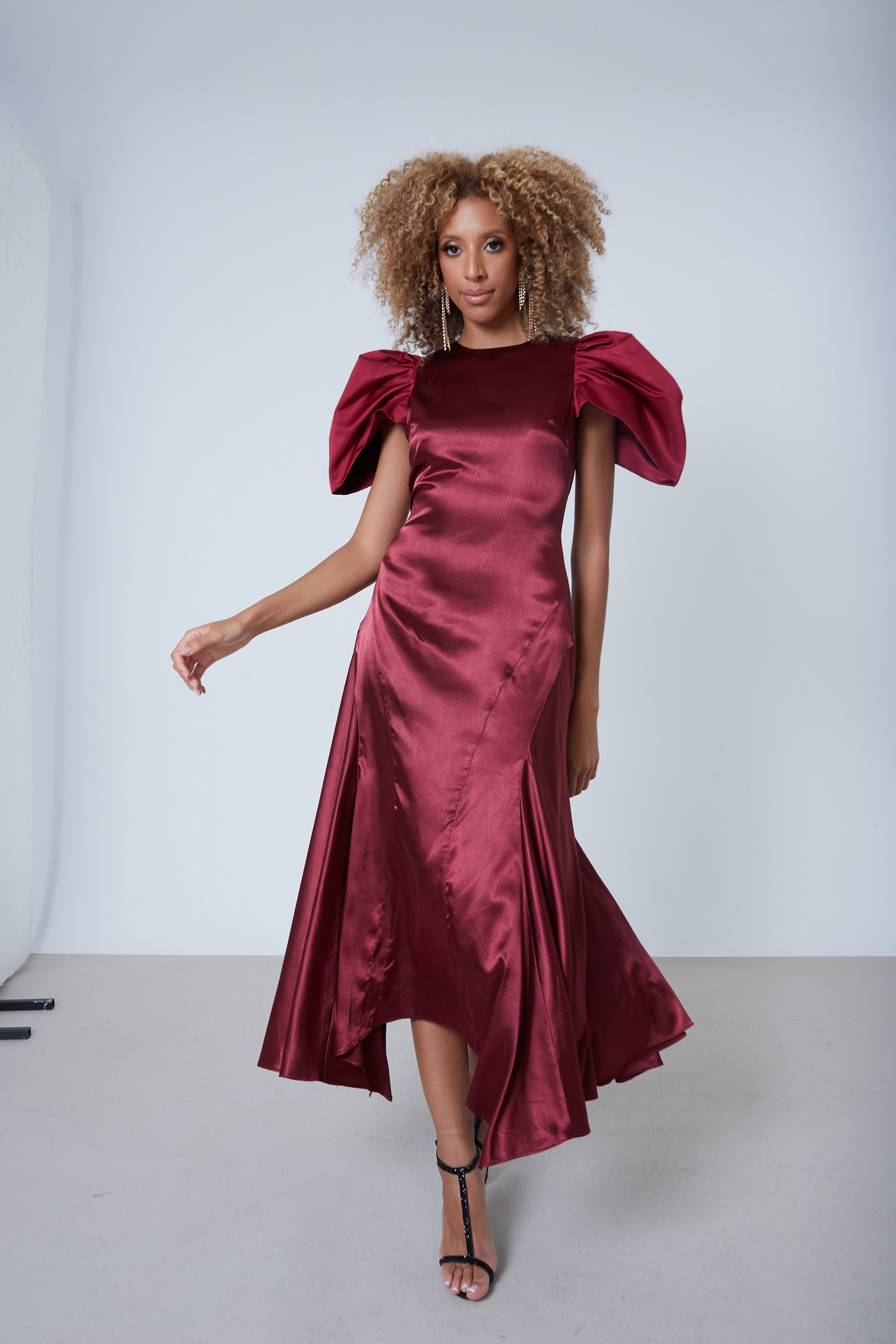 Burgundy Silk Satin Midi Dress, Puff Sleeve Panel Dress