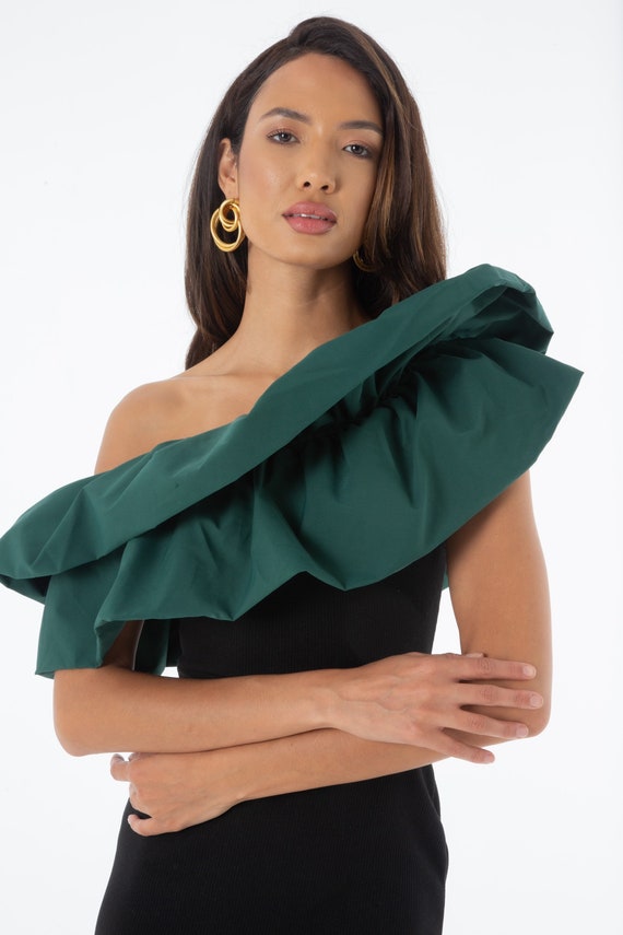 Ruffled Green Party Dress: Fitted Midi Occasion Dress