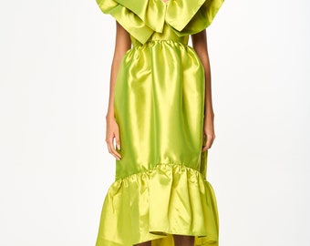 Green A line Ruffle Midi Pocket Summer Dress