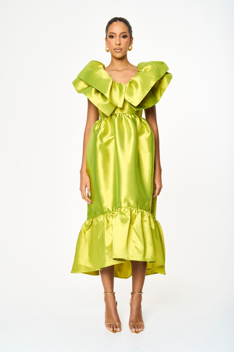 Green A line Ruffle Midi Pocket Summer Dress 画像 1