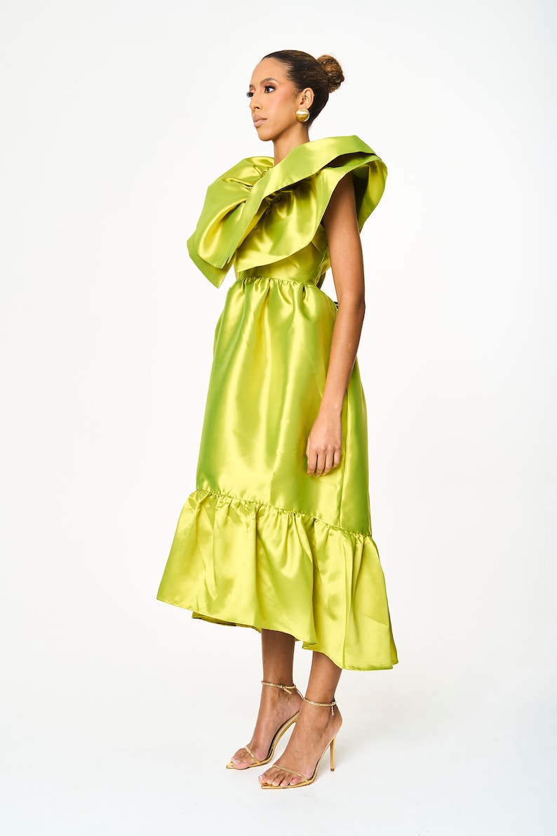 Green A line Ruffle Midi Pocket Summer Dress image 3