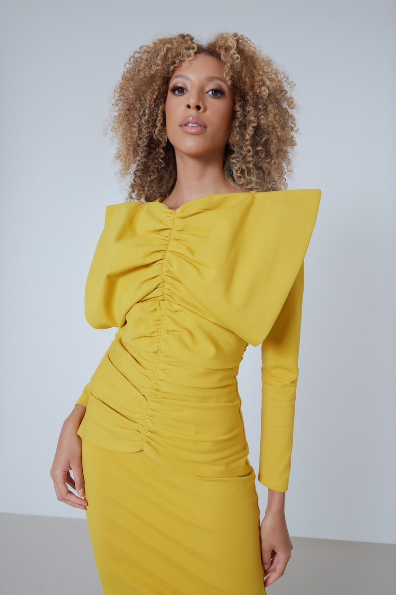 Mustard Yellow Dress Fitted Ruched Dress Big Bow Event Etsy Australia