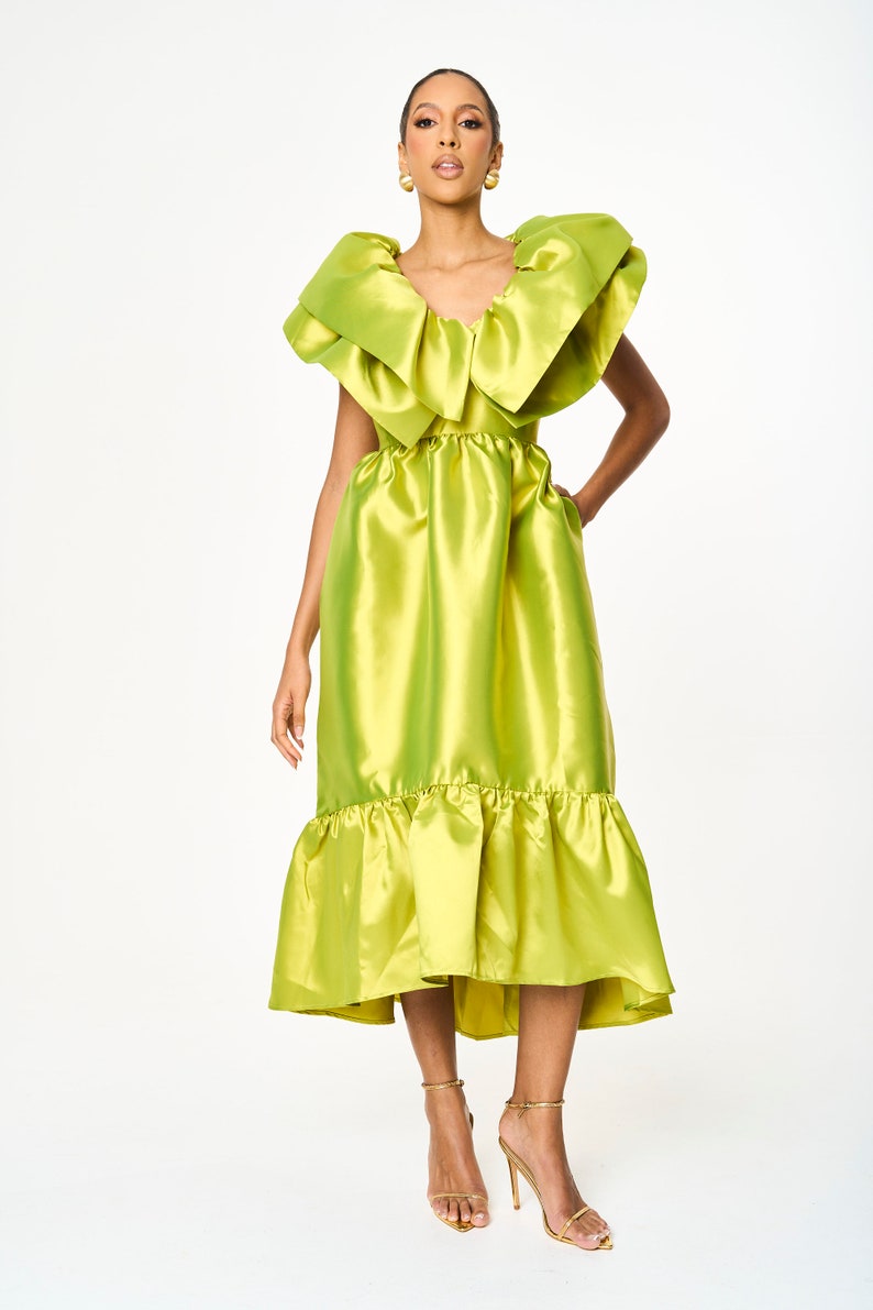 Green A line Ruffle Midi Pocket Summer Dress image 4