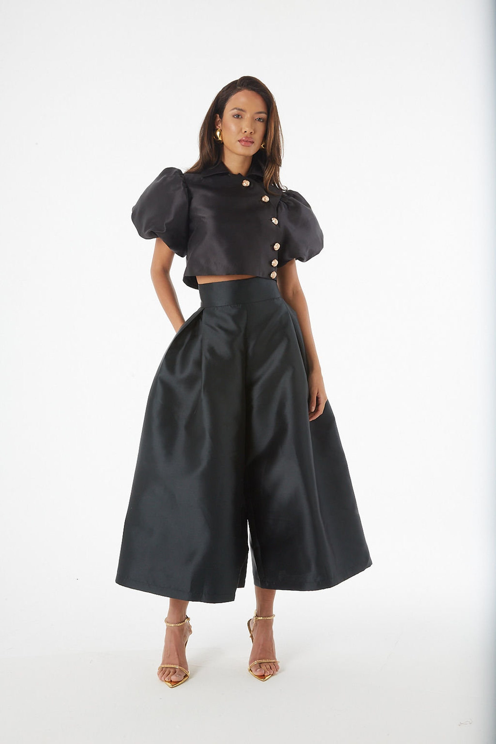Black Solid Taffeta Silk Trouser