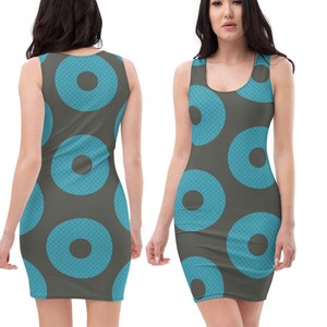 May include: A sleeveless gray dress with a pattern of teal blue circles. The circles have a smaller teal blue pattern inside.