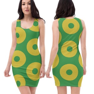 May include: A green sleeveless dress with a pattern of yellow circles. The circles have a smaller circle in the center.