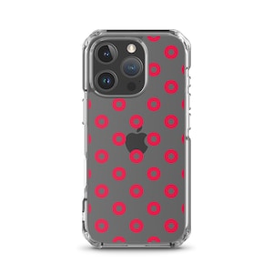 May include: A clear phone case with a pink donut pattern. The case is designed for an iPhone 14 Pro.