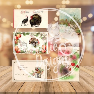 May include: A selection of vintage Thanksgiving postcards. The cards depict turkeys, floral designs, and children. Some cards include text such as "A Happy Thanksgiving" and "Best Thanksgiving Wishes".