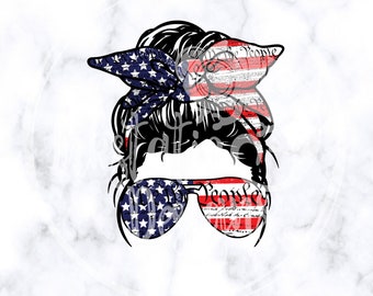American Mama Messy Bun PNG | American Flag Bandana and Messy Bun | Mom Bun and Constitution Bandana For Dye Sublimation | Patriotic Mom