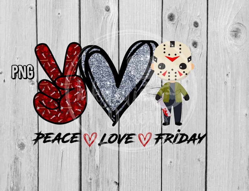 Puede incluir: Gr&aacute;fico con tem&aacute;tica de paz, amor y viernes 13 con un signo de paz rojo, un coraz&oacute;n de purpurina plateada y un personaje de dibujos animados con una m&aacute;scara de hockey y un cuchillo ensangrentado. El texto "Peace &hearts; Love &hearts; Friday" est&aacute; debajo del gr&aacute;fico.