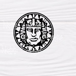 May include: Black and white circular design featuring a stylized face within a decorative border. The face has a serene expression, and the surrounding elements are geometric and symmetrical. The design is reminiscent of ancient art.