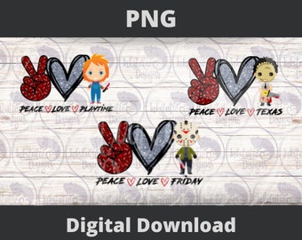 Peace Love Horror Bundle, Peace Love Friday 300 dpi png / 80s slasher films / October Vibes / Freddy / Friday the 13th / Friday Humor