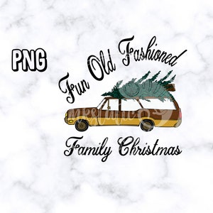 May include: A brown station wagon with a Christmas tree on top. The car has a yellow stripe along the side and the text "Fun Old Fashioned Family Christmas" is written below the car.