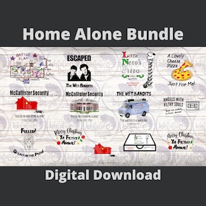 May include: A digital download bundle of Home Alone themed images. The images include a map of the McCallister house, a pizza box, a van, and a Christmas-themed image. The images are in a variety of colours and styles.