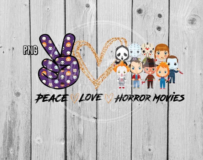 May include: Peace, love, and horror movies graphic with a purple peace sign with horror movie characters and a gold glitter heart. The text "Peace Love Horror Movies" is below the graphic.