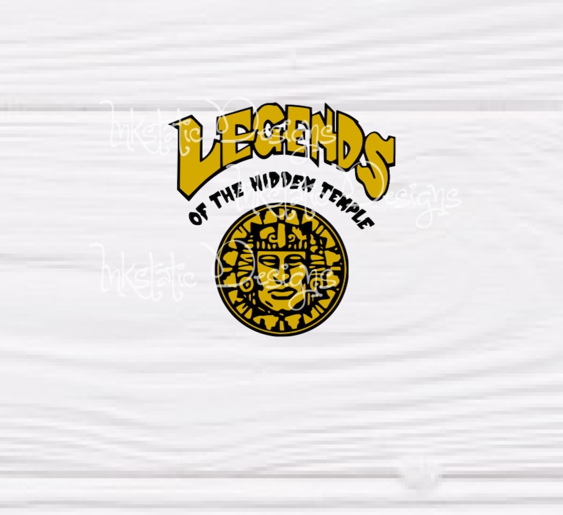 May include: A graphic design featuring the text "LEGENDS of the HIDDEN TEMPLE" in gold, arched over a circular emblem. The emblem is a black and gold sun-like face with intricate details, set against a white background.