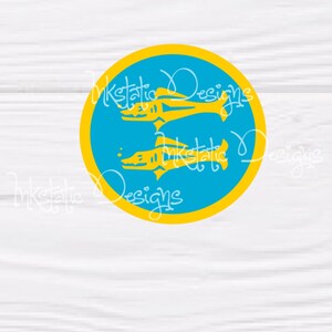 May include: A round sticker featuring two yellow fish swimming in opposite directions within a blue circle, framed by a yellow border. The sticker has the text "Inkstatic Designs" in white script. The background is a white wood grain.
