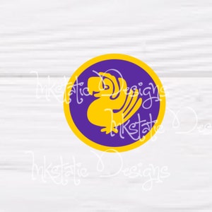 May include: A circular graphic featuring a yellow bird design inside a purple circle with a yellow border. The text "Inkstatic Designs" is written around the circle in white. The design is set against a white wood grain background.