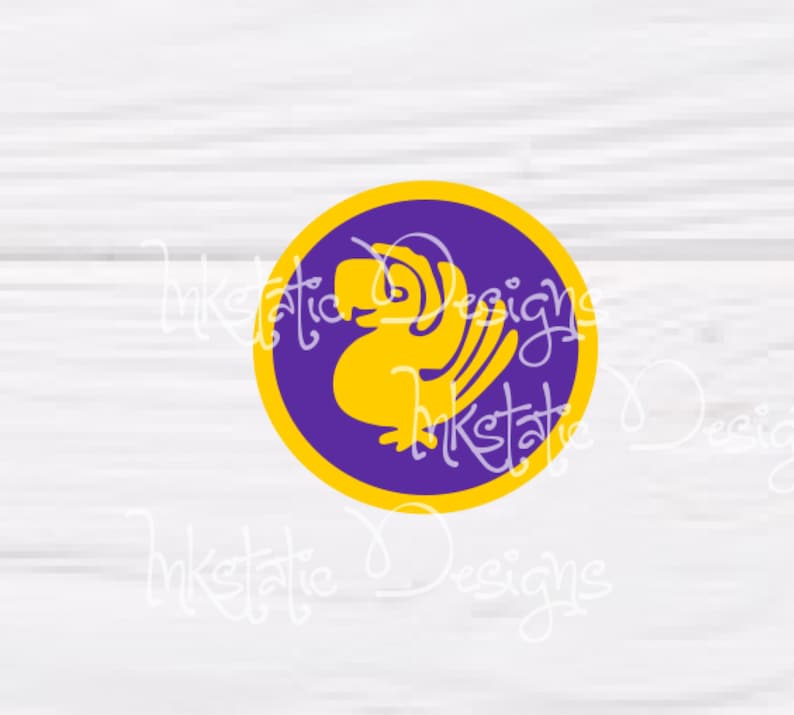May include: A circular graphic featuring a yellow bird design inside a purple circle with a yellow border. The text "Inkstatic Designs" is written around the circle in white. The design is set against a white wood grain background.