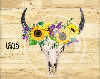 Rustic Boho Cow Skull with Sunflowers and Purple Lillies Digital Download, Boho Cow Skull, Floral Bullhead, Bohemian Floral PNG, Boho Mama