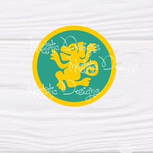 May include: A round sticker with a yellow outline and a teal center. A yellow silhouette of a creature is in the center. The text "Inkstatic Designs" is written around the edge of the sticker in a cursive font.