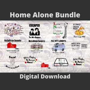 May include: A digital download bundle of Home Alone themed images. The images include a map of the McCallister house, a pizza box, a van, and a Christmas-themed image. The images are in a variety of colors and styles.