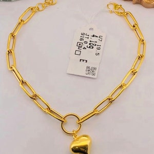 Puffy heart charm paper clip bracelet 916 Gold