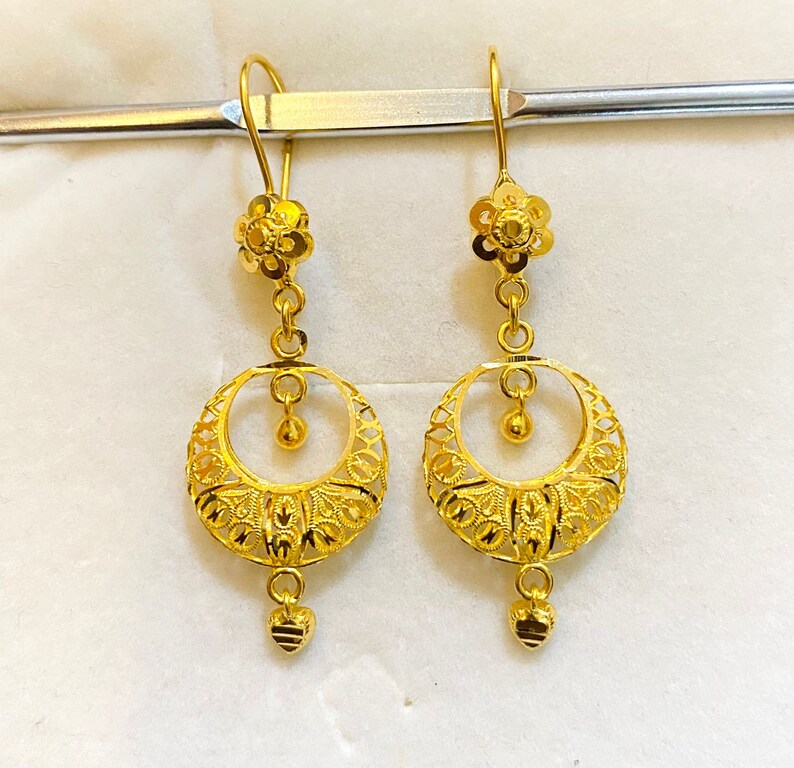 Solid 22k Pure Gold, Elegant Double Curved Cresent Dangling Earrings ...