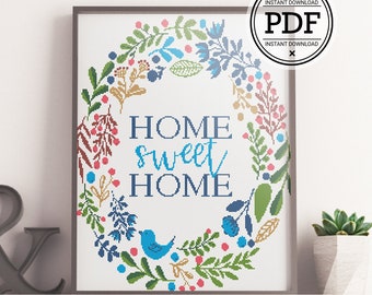 Home Sweet Home Cross Stitch Pattern PDF, Floral Wreath Cross Stitch Pattern, Cross Stitch Floral, Modern Cross Stitch, Instant Download PDF