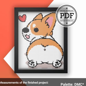May include: A framed cross-stitch pattern of a corgi dog, viewed from the rear, with a red heart. The pattern includes the text "INSTANT DOWNLOAD PDF". Measurements are 5.8 x 6.9 inches (14.7 x 17.6 cm) for AIDA 14 and 4.5 x 5.4 inches (11.4 x 13.7 cm) for AIDA 18.