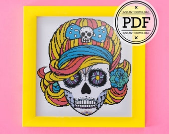 Sugar Skull Cross Stitch Pattern, Day Of The Dead Cross Stitch, Cinco de Mayo, Dia de los Muertos Cross Stitch, Instant Download PDF