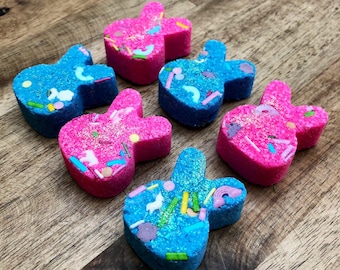 Easter Bunny Bath Bombs, Pink Sugar Fragrance, Handmade Blue & Pink Mini Bath Fizzy, Kids Love these!