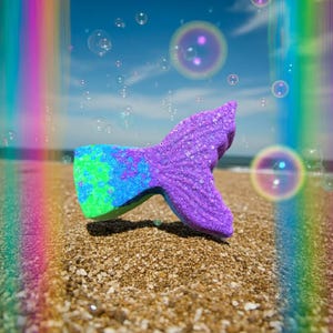 Bomba de baño con forma de cola de sirena GRANDE, con un divertido y fresco aroma playero, hecha a mano en morado, azul y verde.