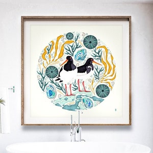 New Zealand Seaside Large Art Print, Oystercatchers, Paua & Kina design