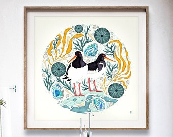 New Zealand Seaside Large Art Print, Oystercatchers, Paua & Kina design