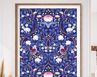 Turtle Doves & Roses Art Print, 5 Colorways, Botanical Pattern, Art and Crafts Style