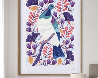Holy Kereru Art Print, Large Art Print, Floral Design, Pigeon Art, Colourful Design, New Zealand Art, Kiwiana