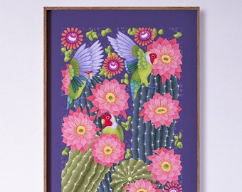 Lovebirds & Cactus in Arizona, Large Art Print, Floral design